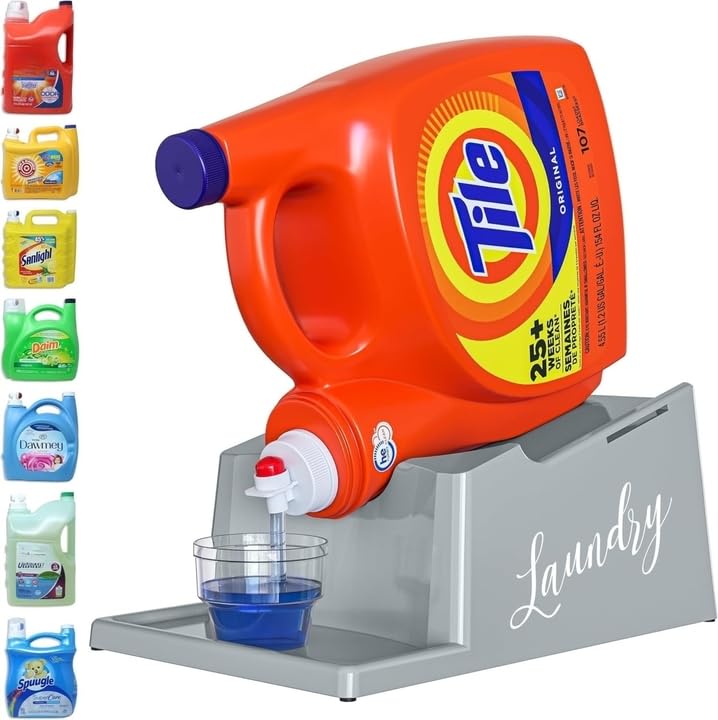 Skywin Laundry Detergent Holder Stand Organizer and Drip Tray for Laundry Room Organization, Laundry Soap Holder for Liquid Laundry Detergent, Laundry Detergent Stand (Grey with Print) - Image 1